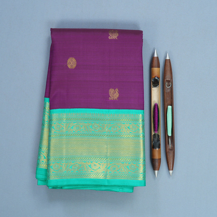 Hayagrivas Handloom Purple Kanjivaram Silk Saree with Sea Green Border KBF622G1-1