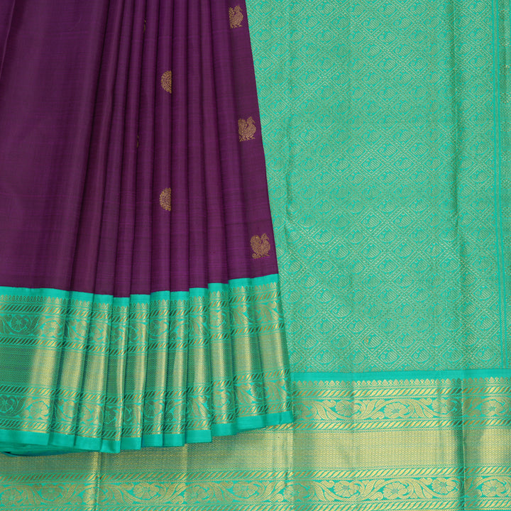 Hayagrivas Handloom Purple Kanjivaram Silk Saree with Sea Green Border KBF622G1-1