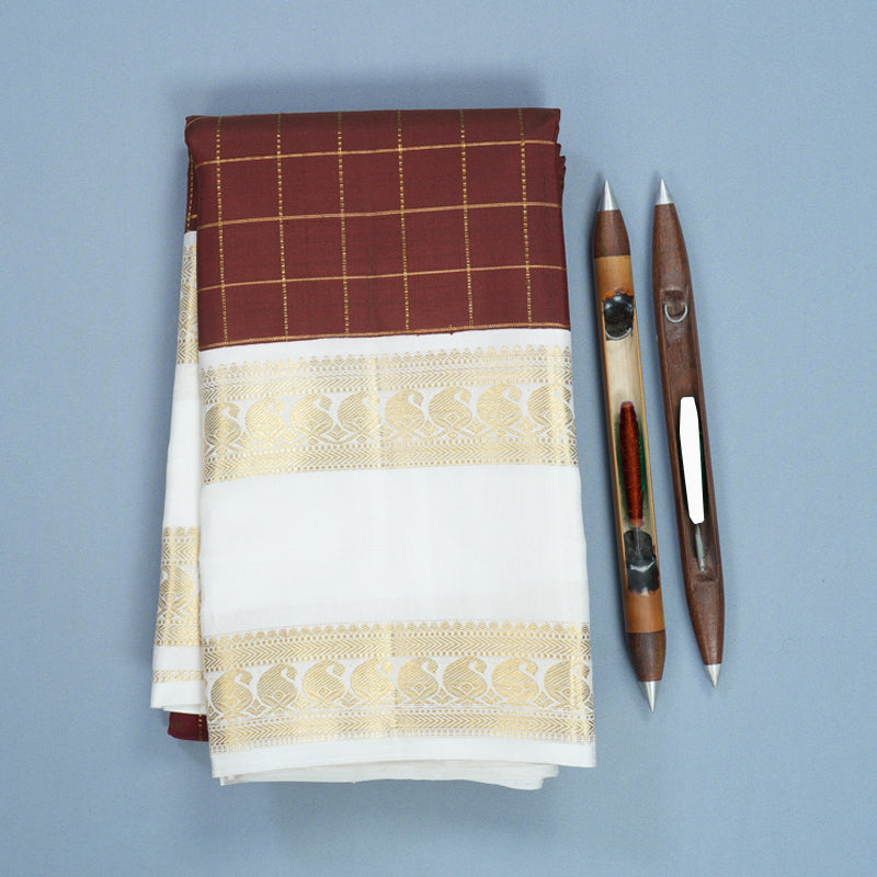 Hayagrivas Handloom Brown Kanjivaram Silk Saree with Milk-White Border KBF623G3-1