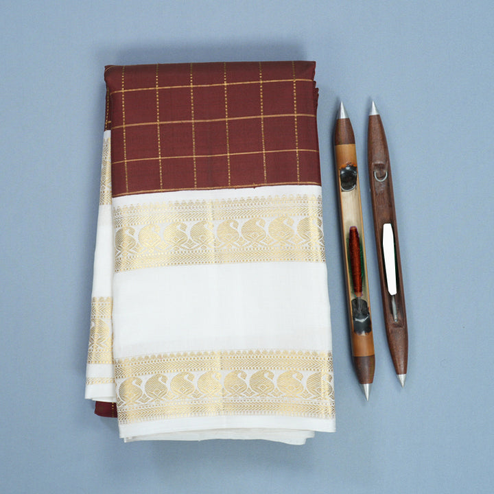 Hayagrivas Handloom Brown Kanjivaram Silk Saree with Milk-White Border KBF623G3-1