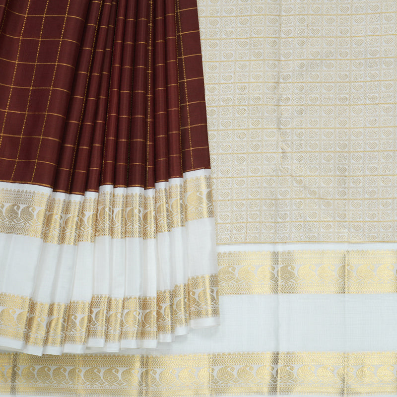 Hayagrivas Handloom Brown Kanjivaram Silk Saree with Milk-White Border KBF623G3-1