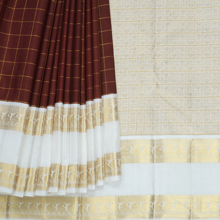Hayagrivas Handloom Brown Kanjivaram Silk Saree with Milk-White Border KBF623G3-1