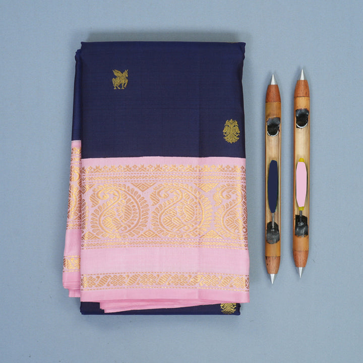 Hayagrivas Handloom Navy Blue Kanjivaram Silk Saree with Baby Pink Border KBF623G3-2