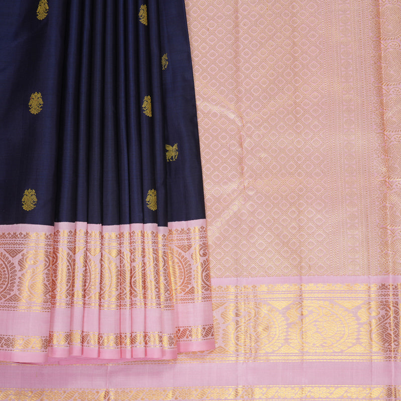 Hayagrivas Handloom Navy Blue Kanjivaram Silk Saree with Baby Pink Border KBF623G3-2