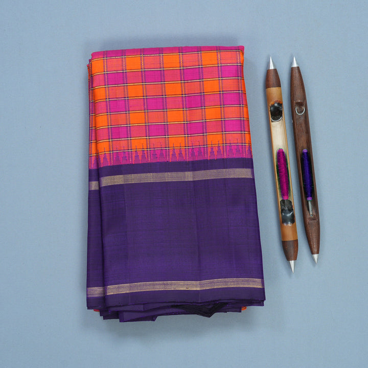 Hayagrivas Handloom Pink &amp; Orange Checks Kanjivaram Silk Saree with Purple Border KBF625G10-1