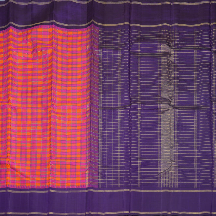 Hayagrivas Handloom Pink &amp; Orange Checks Kanjivaram Silk Saree with Purple Border KBF625G10-1