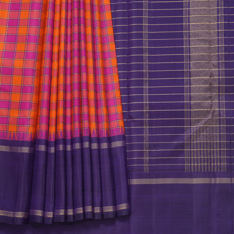Hayagrivas Handloom Pink &amp; Orange Checks Kanjivaram Silk Saree with Purple Border KBF625G10-1