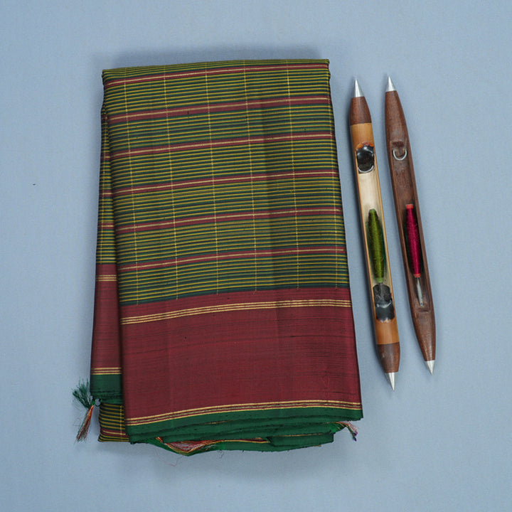 Hayagrivas Handloom Green, Black &amp; Yellow Stripes Kanjivaram Silk Saree with Maroon Border KBF625G11-1