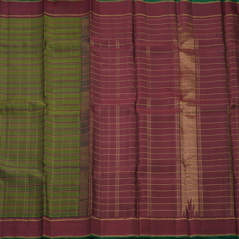 Hayagrivas Handloom Green, Black &amp; Yellow Stripes Kanjivaram Silk Saree with Maroon Border KBF625G11-1