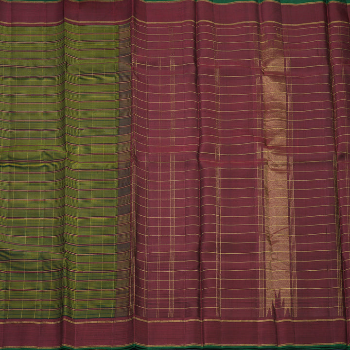 Hayagrivas Handloom Green, Black &amp; Yellow Stripes Kanjivaram Silk Saree with Maroon Border KBF625G11-1