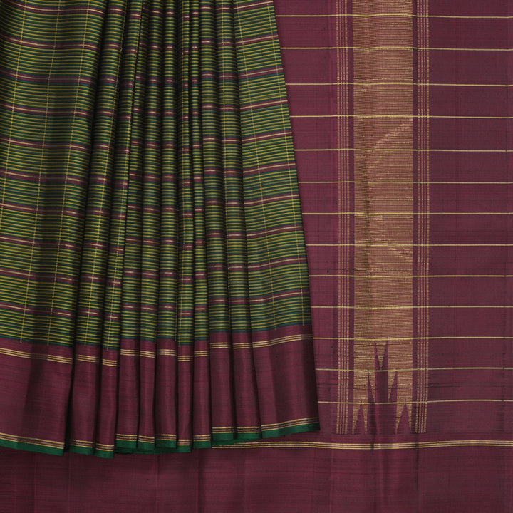 Hayagrivas Handloom Green, Black &amp; Yellow Stripes Kanjivaram Silk Saree with Maroon Border KBF625G11-1
