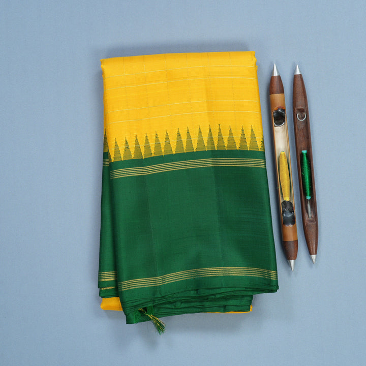 Hayagrivas Handloom Yellow Kanjivaram Silk Saree with Dark Green Border KBF625G13-1