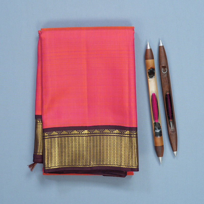 Hayagrivas Handloom Orangish-Pink Kanjivaram Silk Saree with Deep Plum Purple Border KBF625G15-1