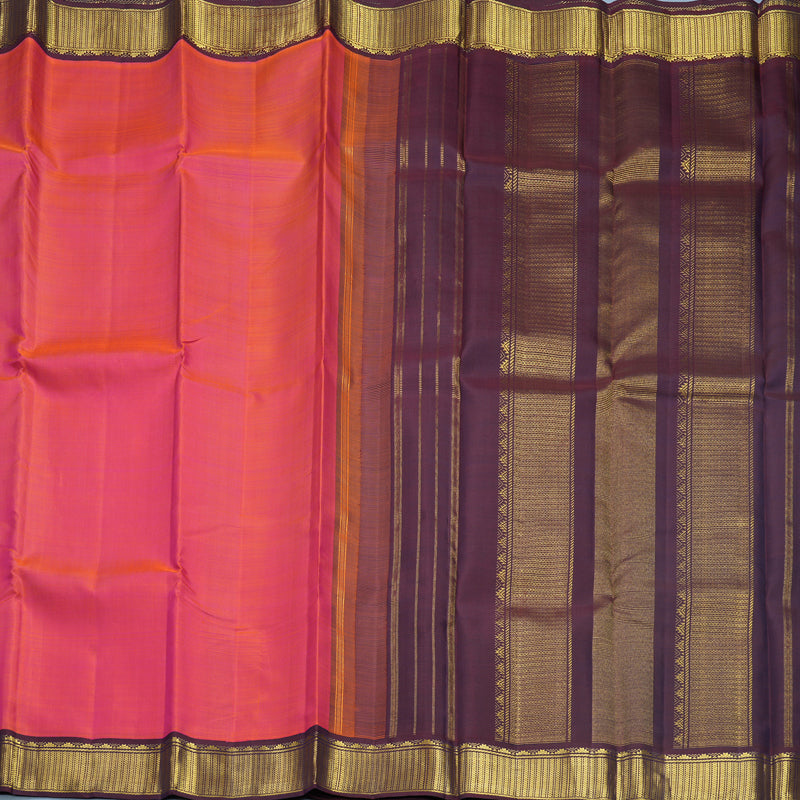 Hayagrivas Handloom Orangish-Pink Kanjivaram Silk Saree with Deep Plum Purple Border KBF625G15-1