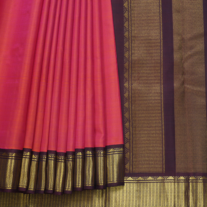 Hayagrivas Handloom Orangish-Pink Kanjivaram Silk Saree with Deep Plum Purple Border KBF625G15-1