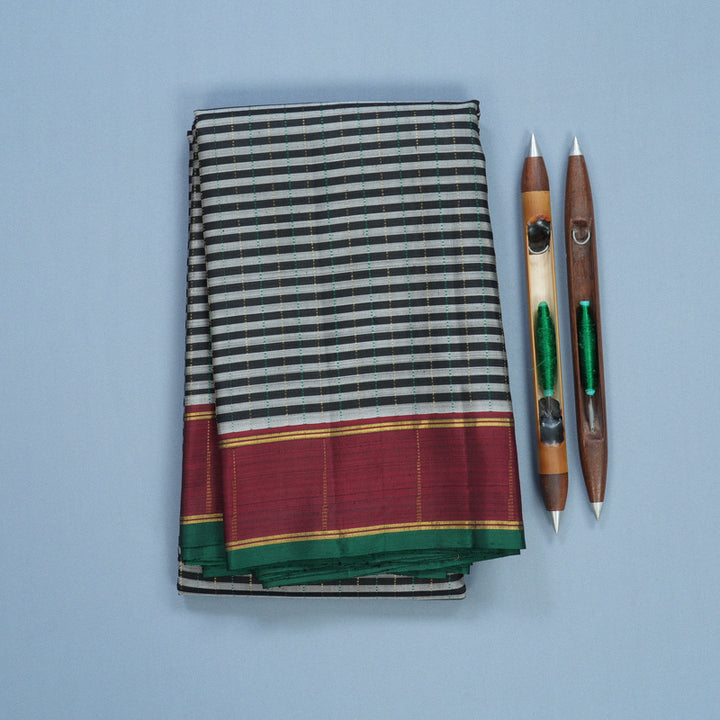 Hayagrivas Handloom Black &amp; Grey Stripes Kanjivaram Silk Saree KBF625G16-1