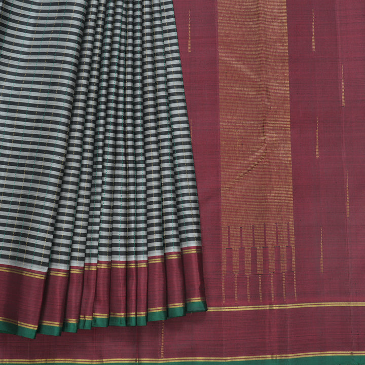 Hayagrivas Handloom Black &amp; Grey Stripes Kanjivaram Silk Saree KBF625G16-1