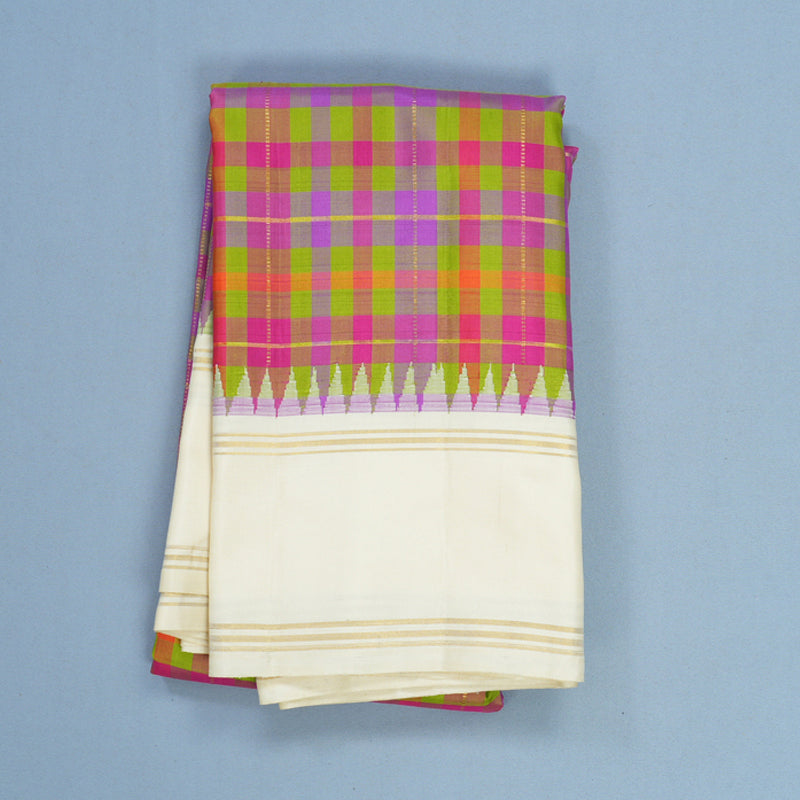 Hayagrivas Handloom Multicolour Checks Kanjivaram Silk Saree with Half-White Border KBF625G4-1