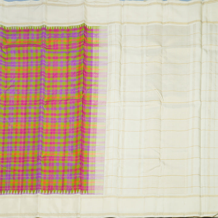 Hayagrivas Handloom Multicolour Checks Kanjivaram Silk Saree with Half-White Border KBF625G4-1
