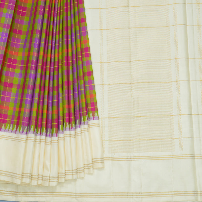 Hayagrivas Handloom Multicolour Checks Kanjivaram Silk Saree with Half-White Border KBF625G4-1