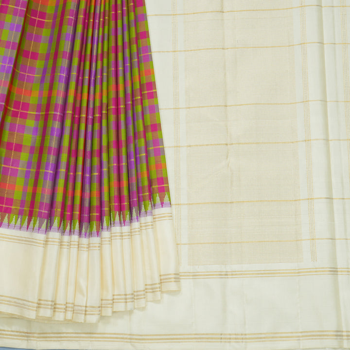 Hayagrivas Handloom Multicolour Checks Kanjivaram Silk Saree with Half-White Border KBF625G4-1