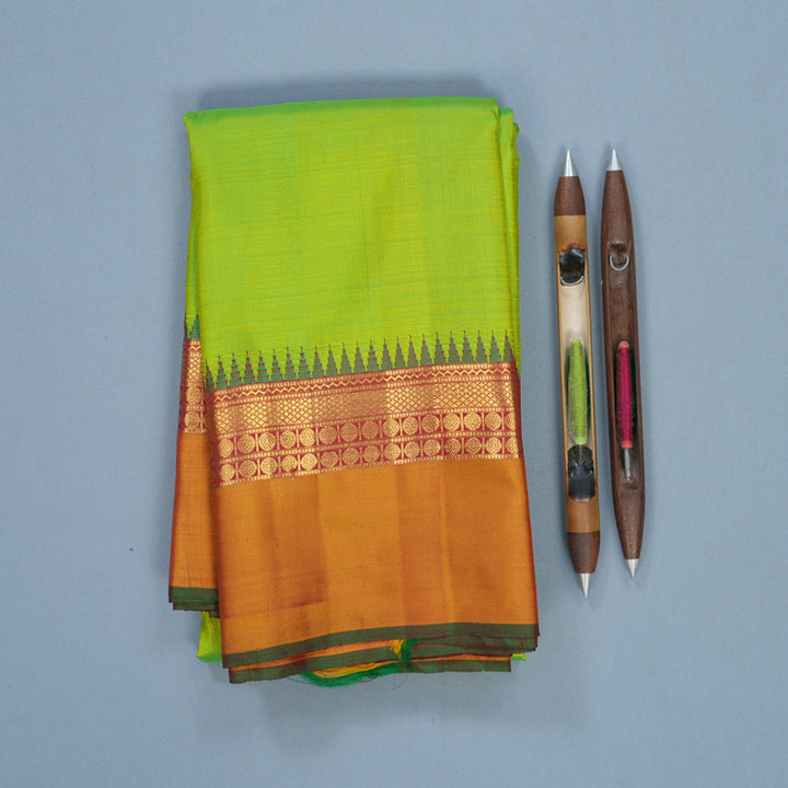 Hayagrivas Handloom Fluorescent Green Kanjivaram Silk Saree with Golden Orange Border KBF625G9-1