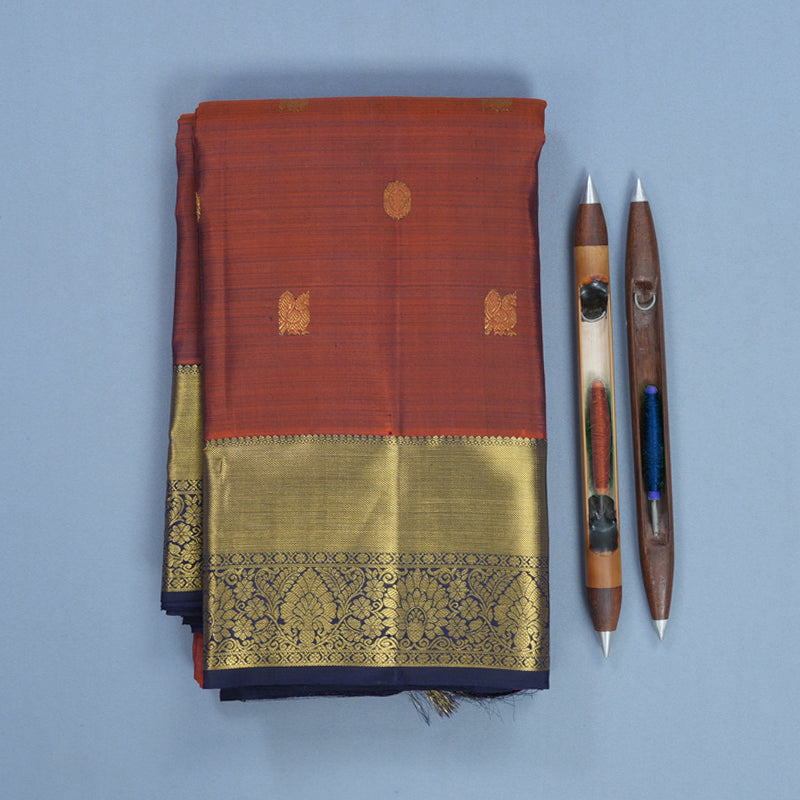 Hayagrivas Handloom Rust Orange Kanjivaram Silk Saree with Midnight Blue Border KBF626G1-4