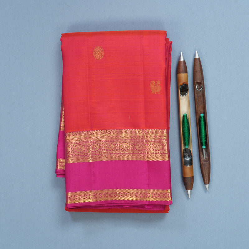 Hayagrivas Handloom Orangish-Pink Kanjivaram Silk Saree with Rani Pink Border KBF626G2-26
