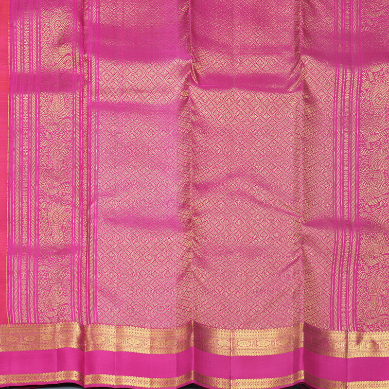 Hayagrivas Handloom Orangish-Pink Kanjivaram Silk Saree with Rani Pink Border KBF626G2-26