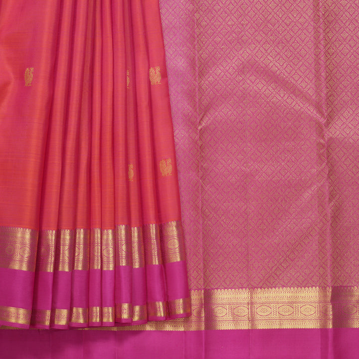 Hayagrivas Handloom Orangish-Pink Kanjivaram Silk Saree with Rani Pink Border KBF626G2-26