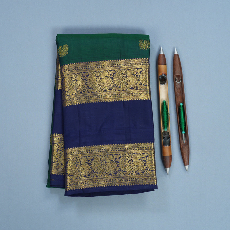 Hayagrivas Handloom Peacock Green Kanjivaram Silk Saree with Navy Blue Border KBF626G2-7