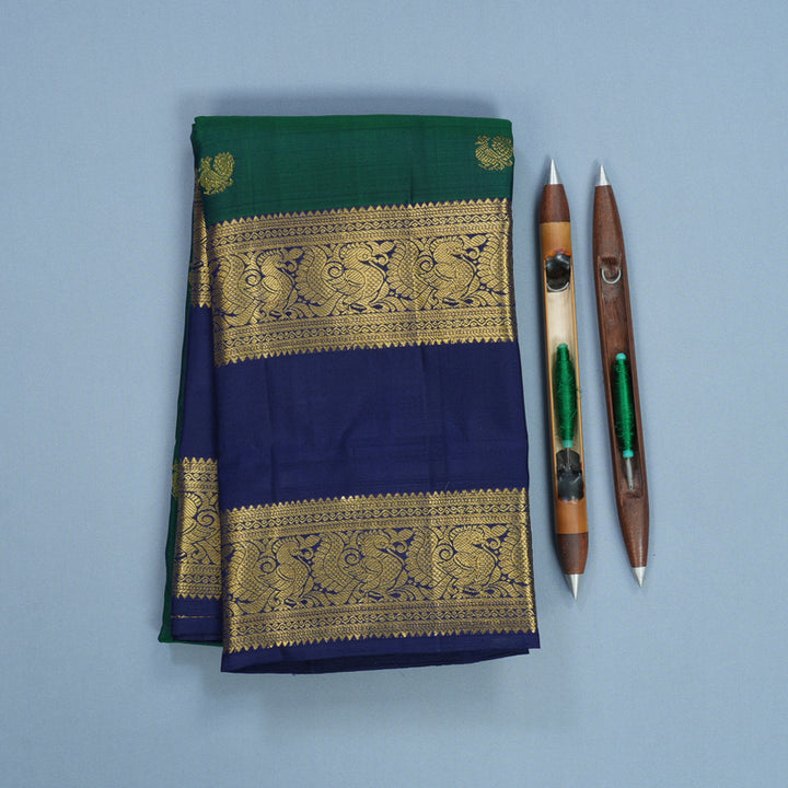 Hayagrivas Handloom Peacock Green Kanjivaram Silk Saree with Navy Blue Border KBF626G2-7