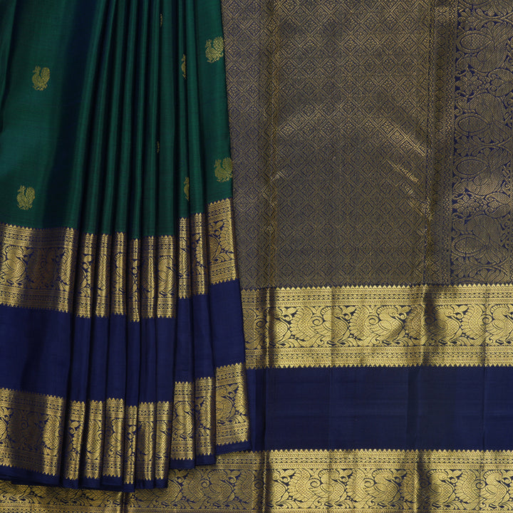 Hayagrivas Handloom Peacock Green Kanjivaram Silk Saree with Navy Blue Border KBF626G2-7