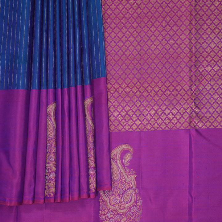 Hayagrivas Handloom Peacock Blue Kanjivaram Silk Saree with Purple Border KBF626G3-5