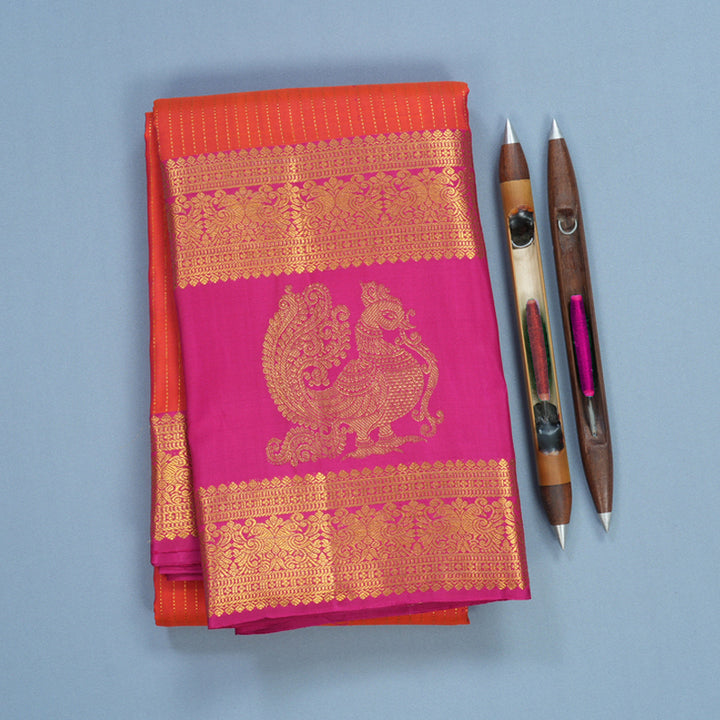 Hayagrivas Handloom Orangish-Pink Kanjivaram Silk Saree with Rani Pink Border KBF626G5-2