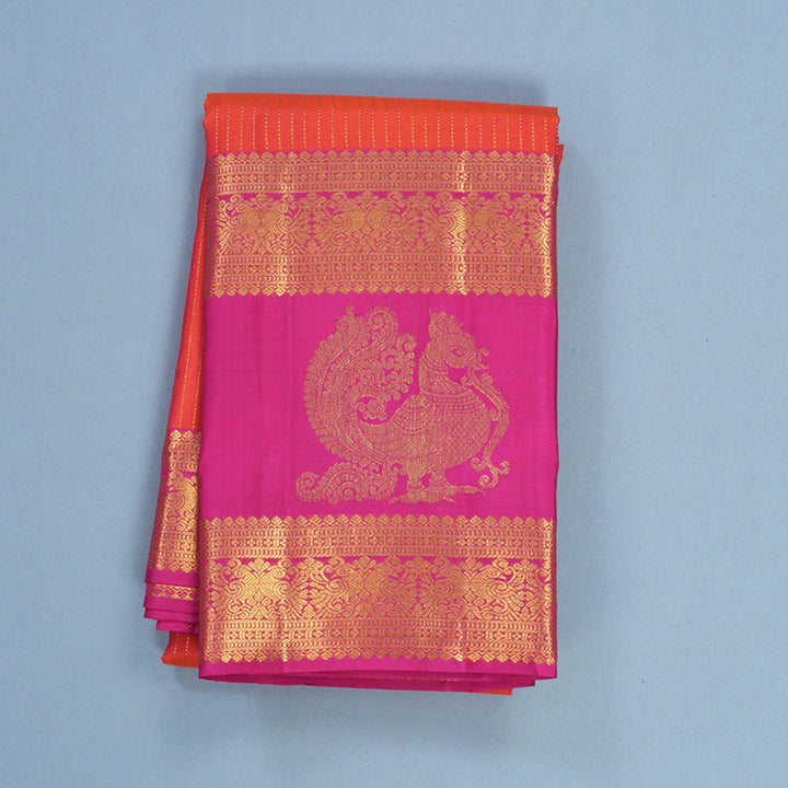 Hayagrivas Handloom Orangish-Pink Kanjivaram Silk Saree with Rani Pink Border KBF626G5-3