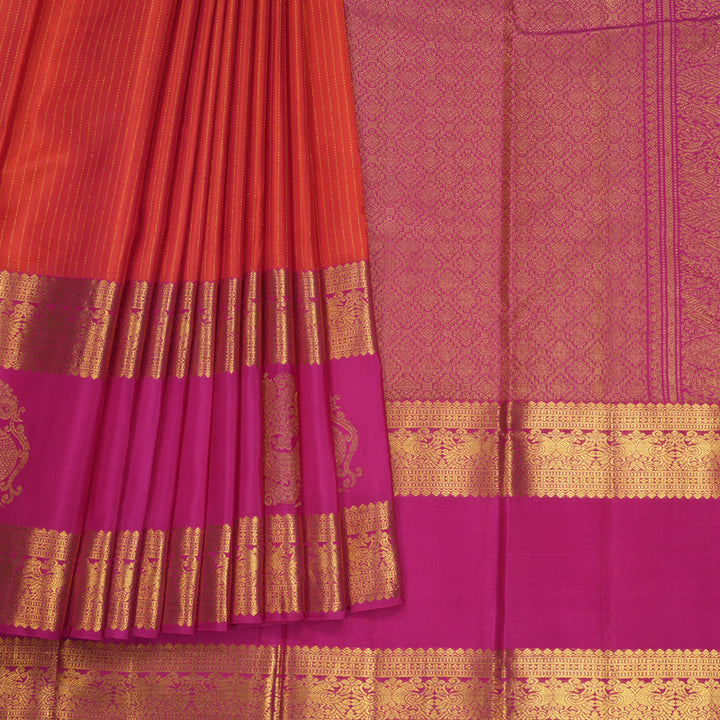 Hayagrivas Handloom Orangish-Pink Kanjivaram Silk Saree with Rani Pink Border KBF626G5-3
