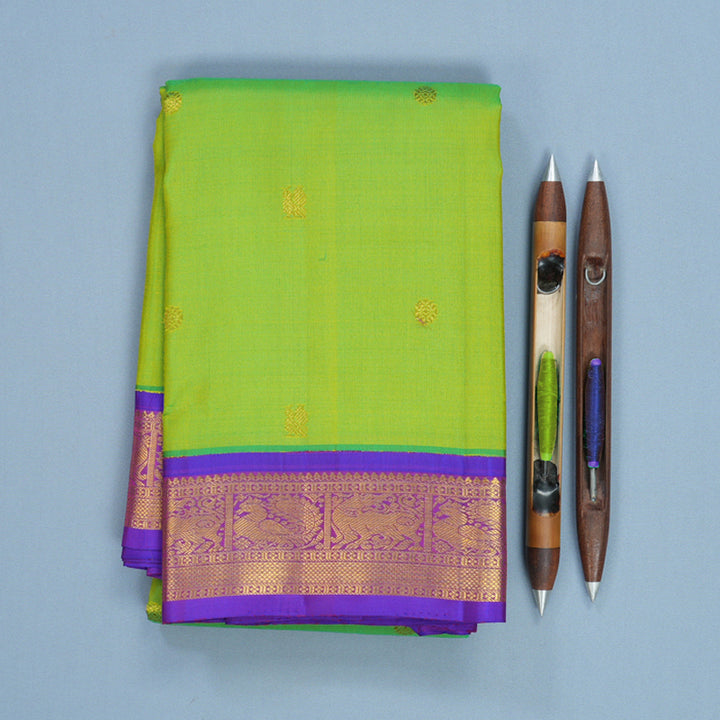 Hayagrivas Handloom Fluorescent Green Kanjivaram Silk Saree with Purple Border KBF627G10-2