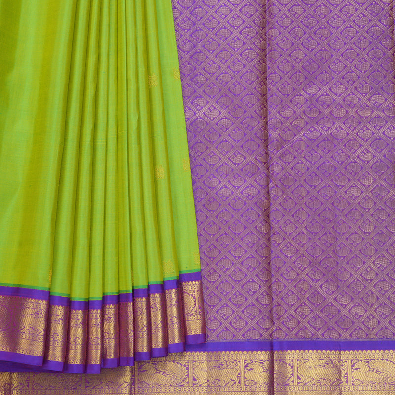 Hayagrivas Handloom Fluorescent Green Kanjivaram Silk Saree with Purple Border KBF627G10-2