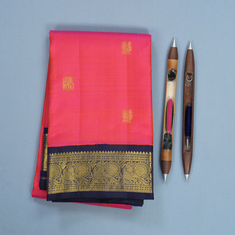 Hayagrivas Handloom Orangish-Pink Kanjivaram Silk Saree with Deep Blue Border KBF627G12-1