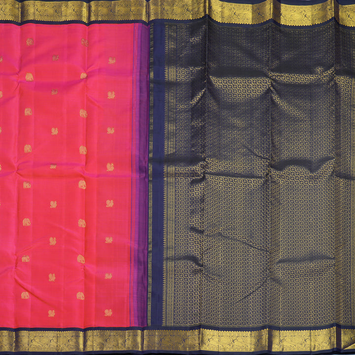 Hayagrivas Handloom Orangish-Pink Kanjivaram Silk Saree with Deep Blue Border KBF627G12-1