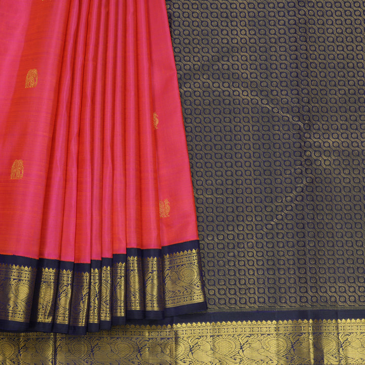 Hayagrivas Handloom Orangish-Pink Kanjivaram Silk Saree with Deep Blue Border KBF627G12-1