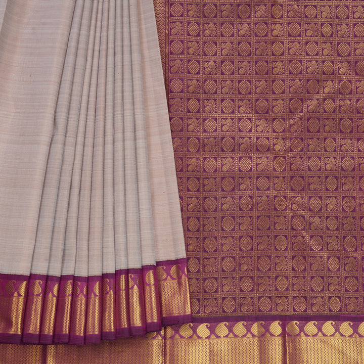 Hayagrivas Handloom Greige Kanjivaram Silk Saree with Purple Border KBF627G9-1
