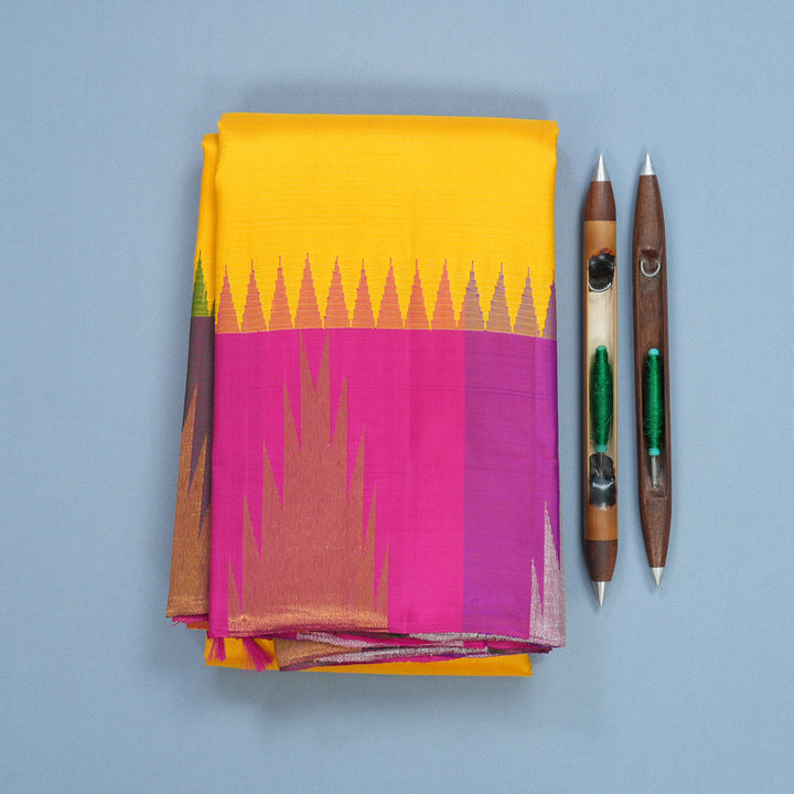 Hayagrivas Handloom Yellow Kanjivaram Silk Saree with Pink &amp; Purple Border KBF628G2-1