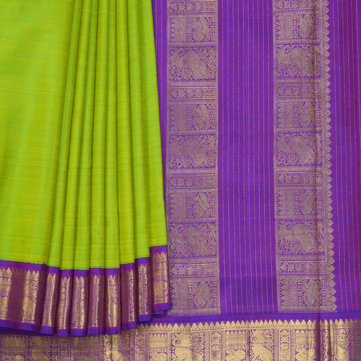 Hayagrivas Handloom Fluorescent Green Ten Yards Silk Saree KBF629G10-1
