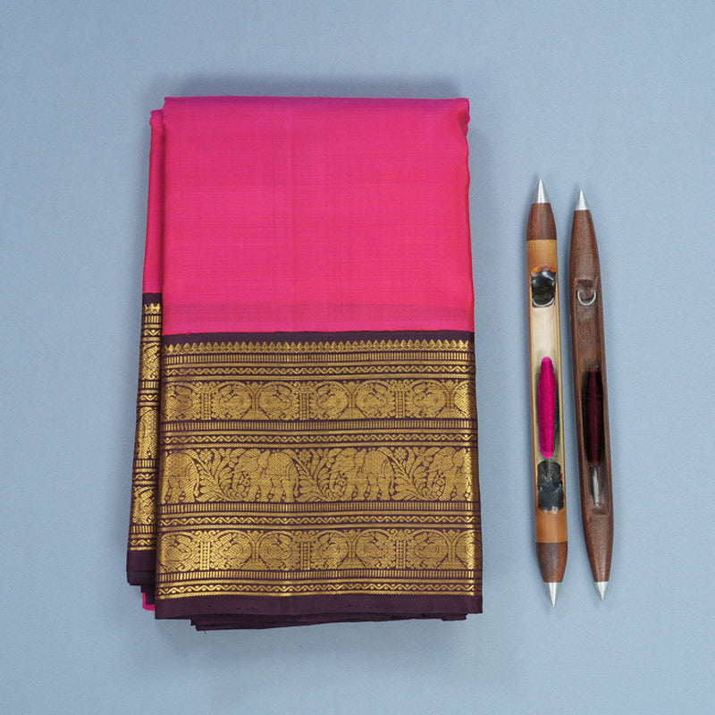 Hayagrivas Handloom Rani Pink Kanjivaram Silk Saree with Burgundy Border KBF629G8-2