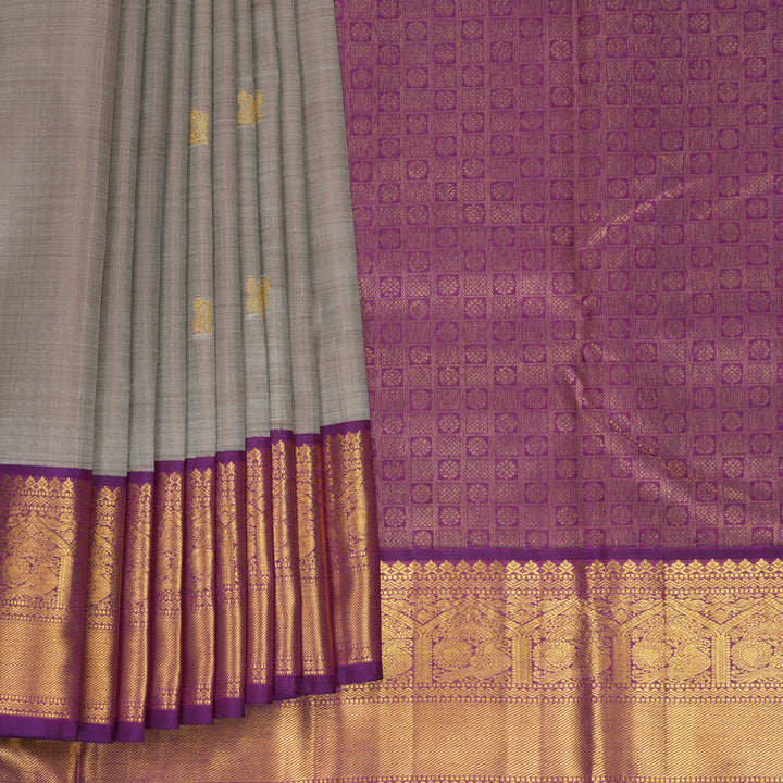 Hayagrivas Handloom Royal Grey Kanjivaram Silk Saree with Purple Border KBF629G9-2