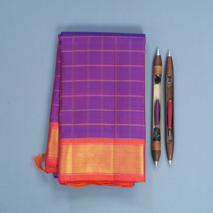 Hayagrivas Handloom Purple Kanjivaram Silk Saree with Orangish-Pink Border KBF630G3-2