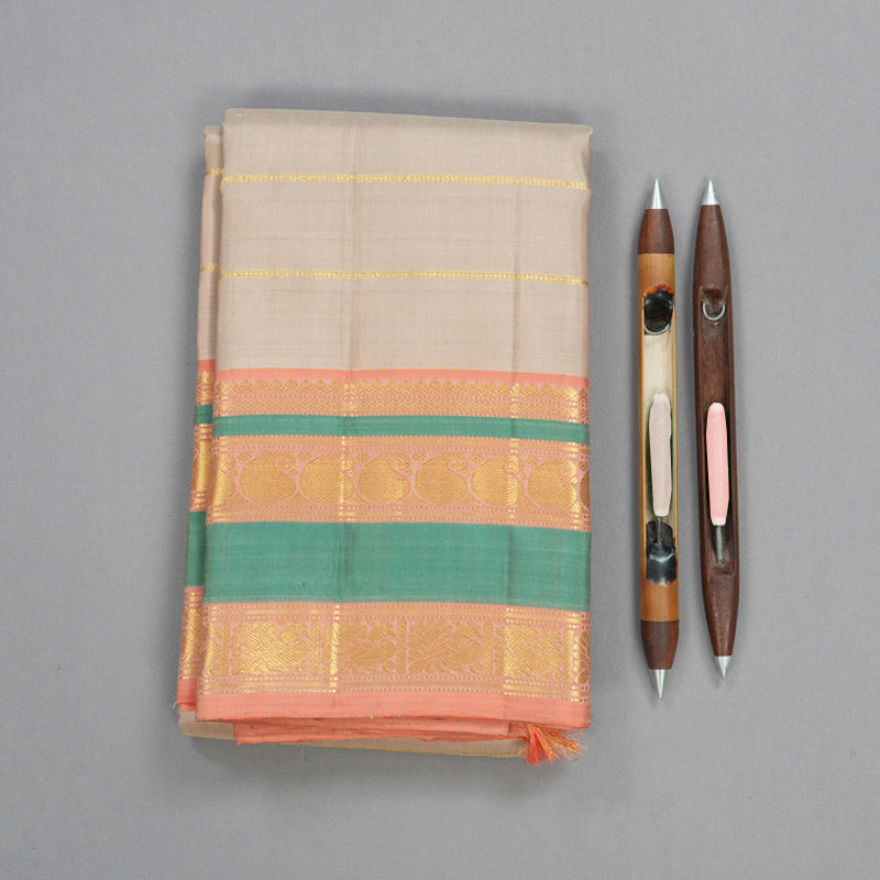 Hayagrivas Handloom Cream Kanjivaram Silk Saree with Peach Border KBF631G1-1