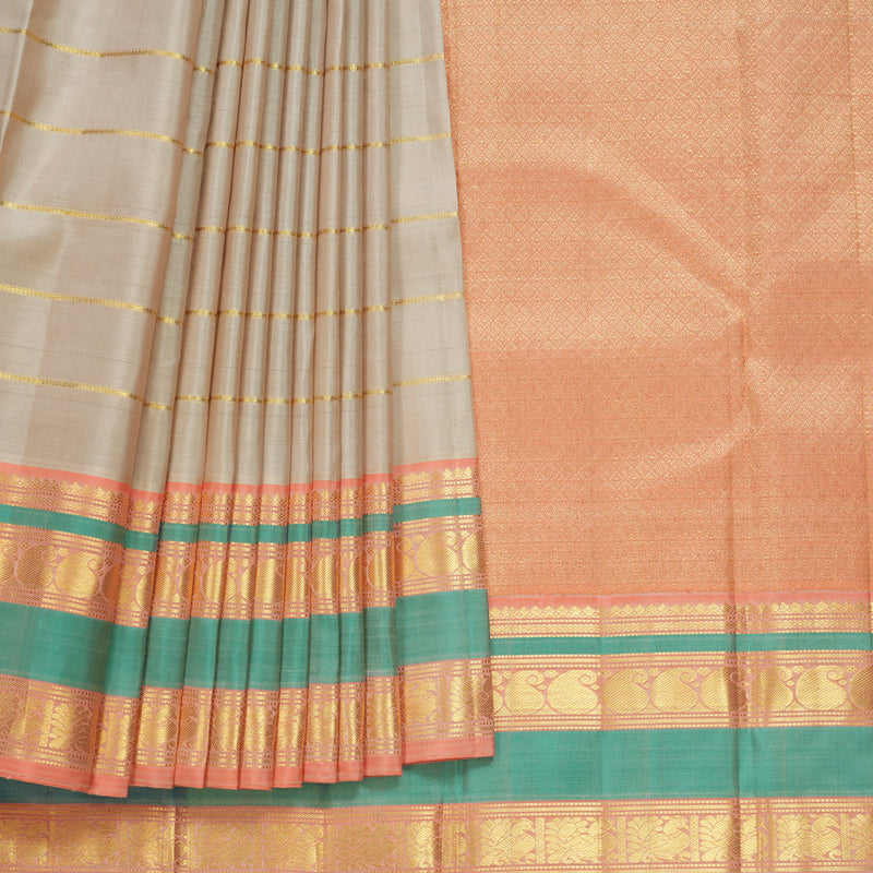Hayagrivas Handloom Cream Kanjivaram Silk Saree with Peach Border KBF631G1-1